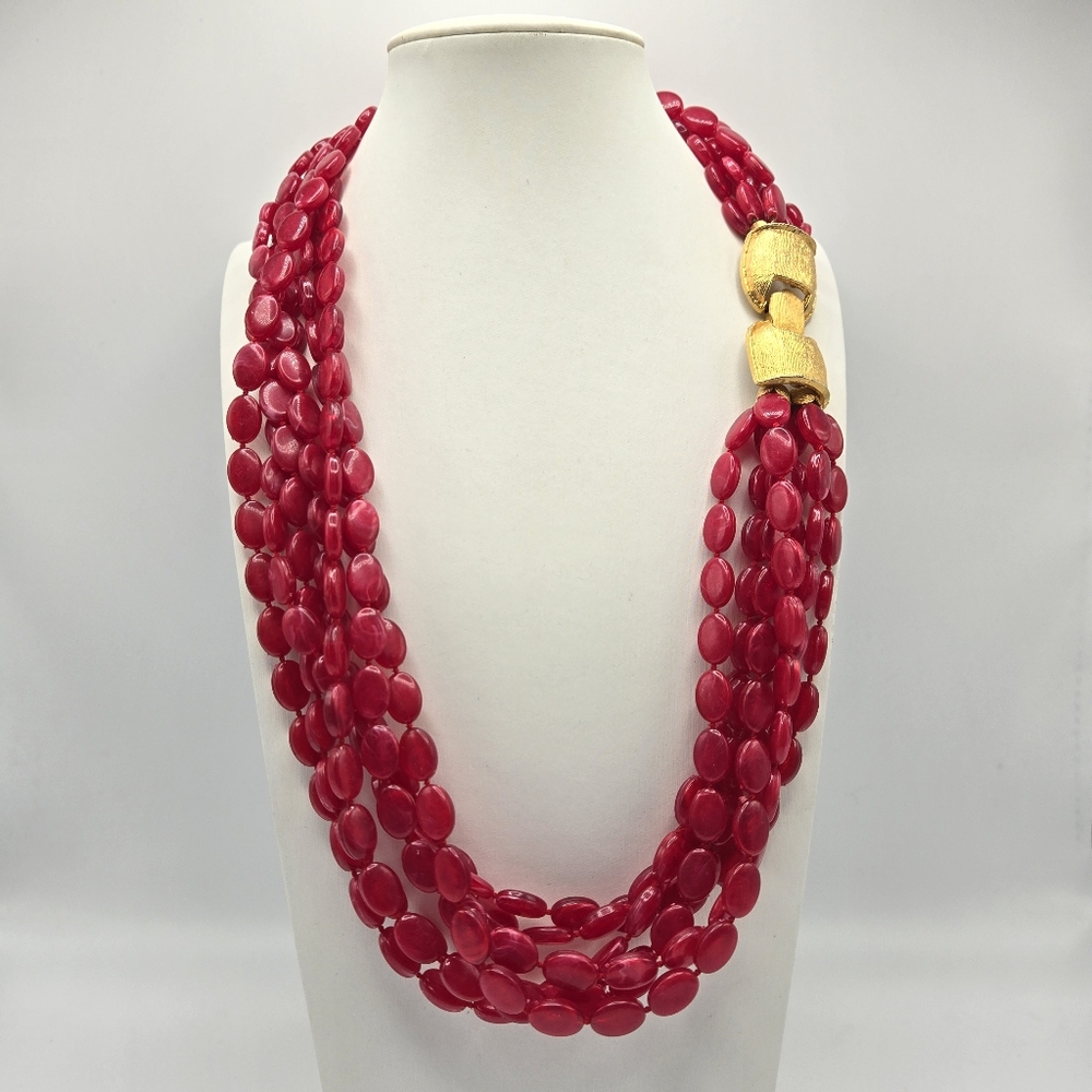 Vintage Acrylic Plastic Necklace Multistrand Beaded Red Fancy Clasp Retro Funky